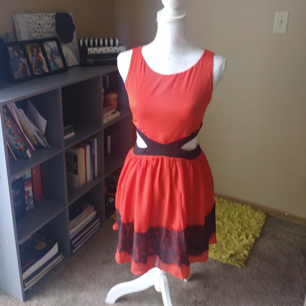 Depri red with black lace side cutout dress